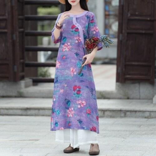 Women Cotton Linen Long Dress New Arrival 2021 Summer Chinese Style Vintage Print Loose Comfortable Female Casual Dresses S3049