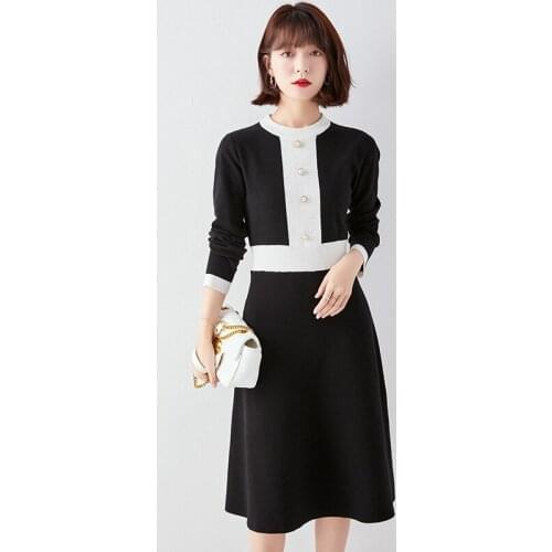 Women Autumn Winter Chic Dress Round Neck Fashion Classic Black White Womens Dress Party Dress Vintage Female Dress