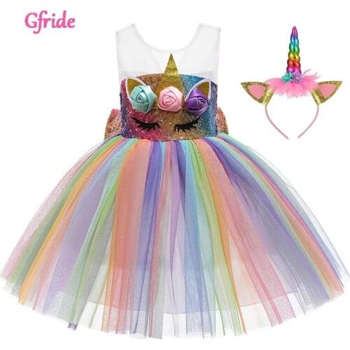2021 Summer Unicorn Costumes Flower Girl Sequin Rainbow Party Tutu Dress With Headband Wings Role Dance Performance Clothing