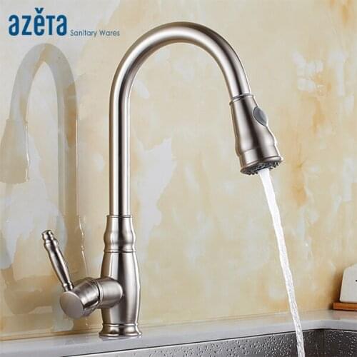 Azeta Pull-out Kitchen Mixer 360 Rotatable Dual Water Outlet Single Hole Deck Mounted Brushed Nickel Kitchen Faucet AT7618BN