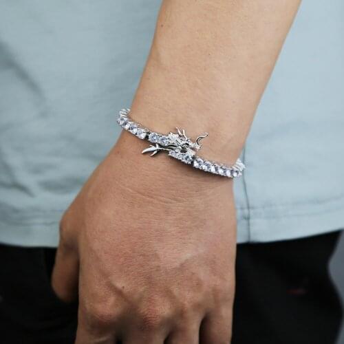 Hip Hop Iced Out Bling 5A Cubic Zirconia Tennis Chain Chinese Dragon Charm Bracelet Adjustable size For Women Men wrist jewelry