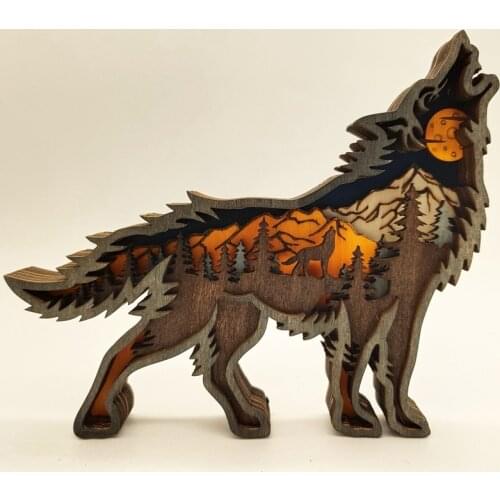 Wooden Wolf Totem Creative Hollow Out Animals Shape Household Office Desktop Christmas Carved Party Gifts Decoration Ornaments