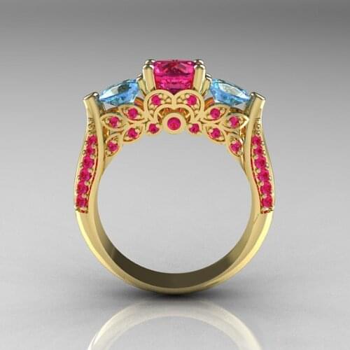 Luxury Female Red Blue Crystal Ring Vintage Yellow Gold Color Wedding Rings For Women Promise Round Zircon Engagement Ring