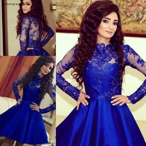 Short Royal Blue Long Sleeves Cocktail Dress Lace Zipper Back Party Dress Women Wear Plus Size Custom Made
