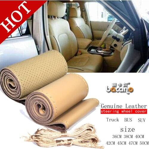 BACANO BEIGE Car Steering Wheel Cover DIY Genuine Leather Cowhide Braid With Needles Thread Car-Styling Interior Accessory