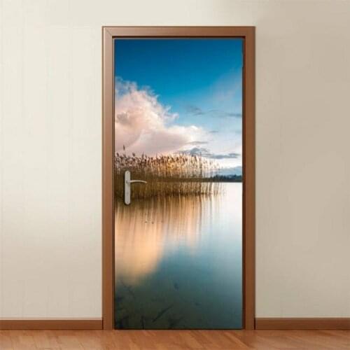 Creative Door Sticker Quiet Lake Side Door Mural Door Cover Wall Stickers Kitchen Wallpaper Renew Mural Decal Kids Home Decor