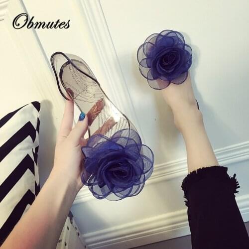 Summer Jelly Shoes Chiffon Flower Fish Mouth Sandals Crystal Transparent Non-slip Female Flats with Fashion Cool