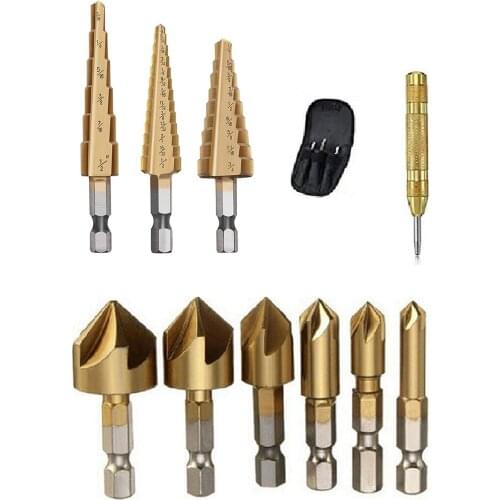 11pcs Step Drill Bit Set Step Drill Bit Set with Spring Loaded Center Punch Countersink Drill Bit Set Storage Bag