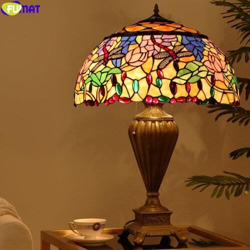 FUMAT Tiffany Desk Lamp Multi Color Stained Glass Table Light Butterfly Dragonfly Goddess Lotus Home Decor Nordic Art Lighting