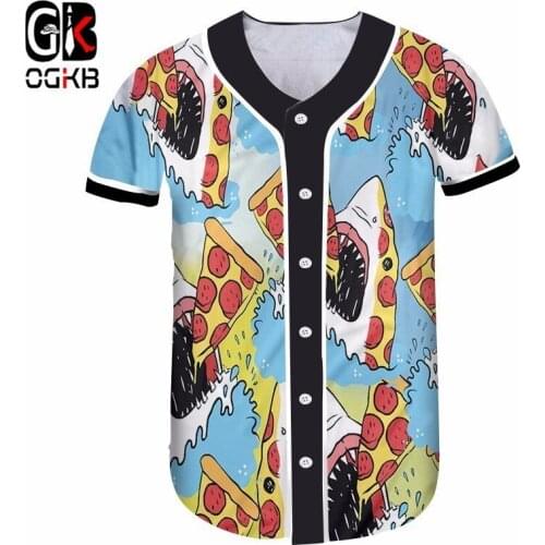 OGKB Unisex Hiphop Casual Button Long Sleeve Shirt 3d Funny Full Printing Shark Eat Pizza Baseball Streetwear Tees Tops