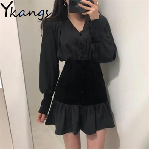 French Black Elegant Slim Dress V-Neck Lantern Sleeve Vintage Vestidos Korean Style Spring Autumn Sweet Simple Design Streetwear