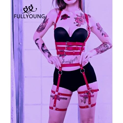 Fullyoung Sexy Red Leather Harness Women Straps Garters Body Bondage Punk Fashion Goth Lingerie Erotic Suspender Bdsm Waist Leg