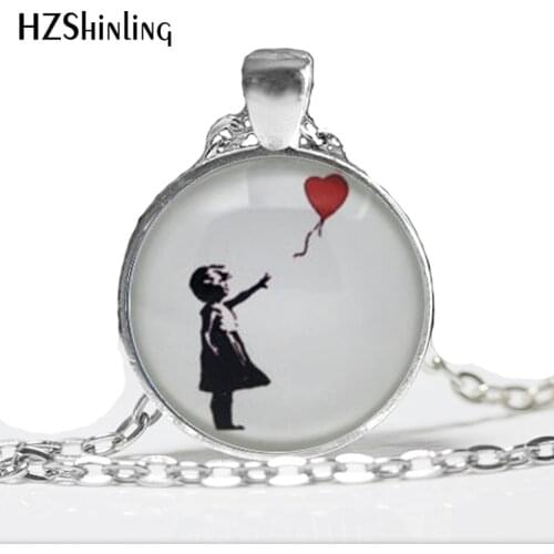 Glass Cabochon Necklace Banksy Graffiti 'Girl with a Balloon' Necklace Round Cabochon Glass Art Pendants Balloon Necklace HZ1
