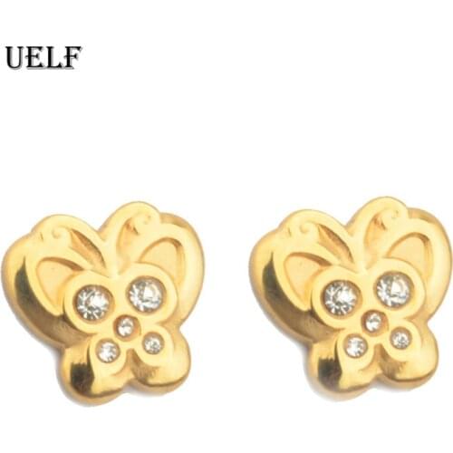 Uelf Cute Butterfly Cubic Zircon Stud Earrings For Women Kids Children Baby Girls Gold Color Jewelry Aros Oorbellen