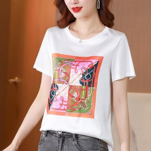 2021Summer Women Casual Print Patchwork Satin Shirt Fashion Tops T-shirts O-Neck Loose Short Sleeve Tshirts Large size