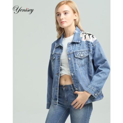 Autumn Heavy Beading Pearls Ripped Holes Washed Denim Outerwear Jacket Women Basic Coat New Fashion