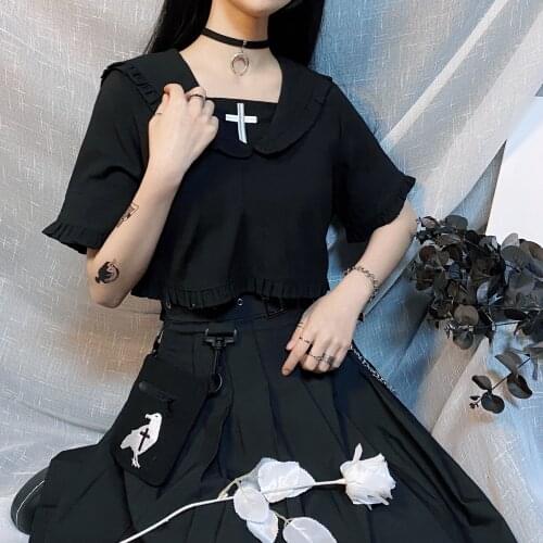 Ruibbit New Arrival Women Summer Preppy Style T Shirts Cross Embroidery Black Short Sleeve Loose Gothic Girls T-shirts Top