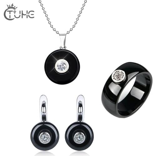Hot Women Ceramic Jewlery Sets Round Pendant Necklace Cute Earrings Smooth Ceramic Rings Wedding Party Fashion Ceremoey Anel