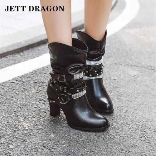 JETT DRAGON Womens Boots The New Winter Fashion Round Head Rivet High Heel Middle Tube Womens Shoes Plus Size Heel Height 8cm