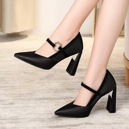 New Arrival Women Party High Heels Buckle Strap Silk and Satin Pumps Platform Pointed Wedding Shoes zapatos De Mujer 886-2