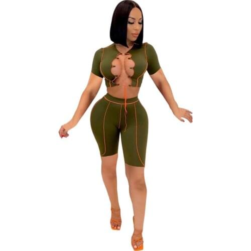 Striped Patchwork Womens Sport Tracksuit Sexy Cross Lace Up Hollow Short Sleeve Crop Top and Bodycon Biker Short Matching Suit