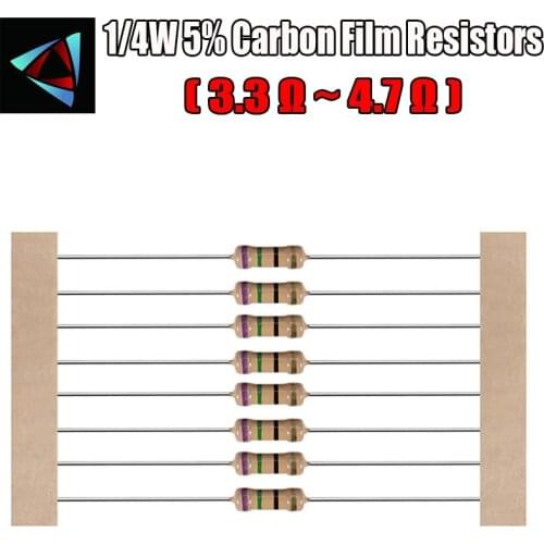 100pcs 1/4W 5% Carbon Film Resistor 3.3 3.6 3.9 4.3 4.7 ohm