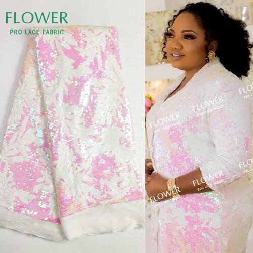 2020 New Arrival White Sequined Embroidered Mesh Lace Fabric White Bride Dresses Wedding Material African French Mesh Tulle Lace