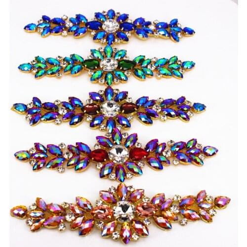 Handmade Shiny Metal Applique Rhinestone For Wedding Belt Crystals Patch Sew On Glass Applique For Bridal Headband Trim
