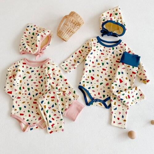 Toddler Baby Pajamas Clothes Suit Spring Autumn Infant Baby Girls Boys Clothing Sets Long Sleeve Printed Romper+Pants+Hat