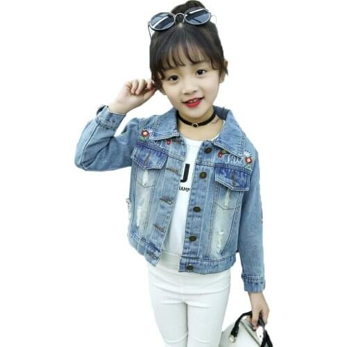 2-9Years Girls Denim Jackets Coats Fashion Hole Girls Outwear Coat Flower Design Kids Girls Jeans Jacket BC307