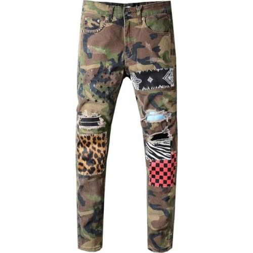 New Italy Style 2020 Mens Distressed Destroyed Art Patches Stretch hollow out Pant Camo Skinny Jeans Slim Trousers Size 28-40
