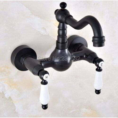 Black Oil Rubbed Brass Kitchen Sink Faucet Wall Mounted Double Handle Bathroom Basin Cold And Hot Mixer Tap lnf858