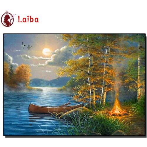 "Forest campfire"5D DIY Diamond Embroidery natural scenery Diamond Painting moon night Landscape Cross Stitch Mosaic Decor home