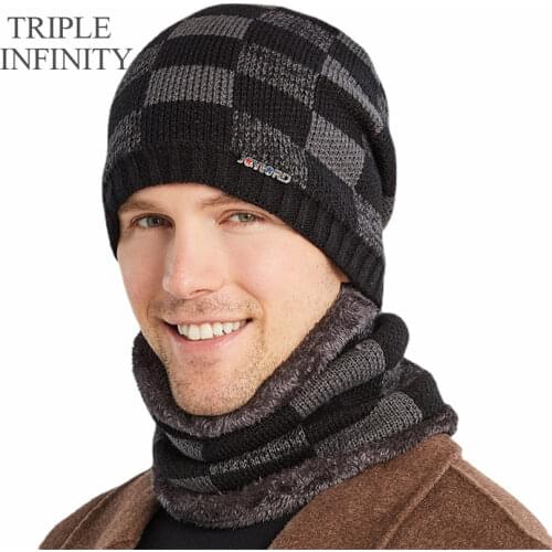 TRIPLE INFINITY Fashion Winter Men Hat Plush Thick Windproof Warm Suit Scarf Mens Knitted Hat Grid Pattern Cycling Warm Bonnets