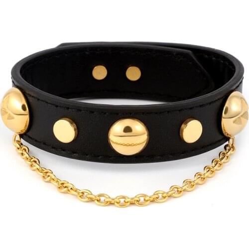 Fashion Punk Rock Rivet Bracelets Charm Adjustable Metal Chain Unisex Black PU Leather Bracelet Gift For Women Men Jewelry