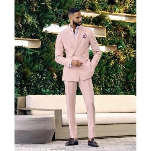 Pink Double Breasted Peak Lapel Men Suits Costume Homme Wedding Prom Terno Masculino Slim Fit Groom Tuxedos Blazer 2 Pieces