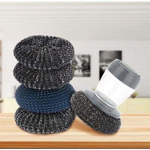 Steel Dish Scrubber Soap Dispensing Steel Brush Storage Set Scouring Pad Pot Scrubber Metal Sponge House Kitchen Cleaning Brush