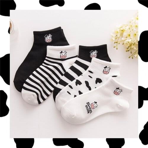 New Arrivals Cow Printed Sock Lovely Harajuku Japanese Style Cotton Short Socks Striped Solid Breathable Casual Cartoon Socks