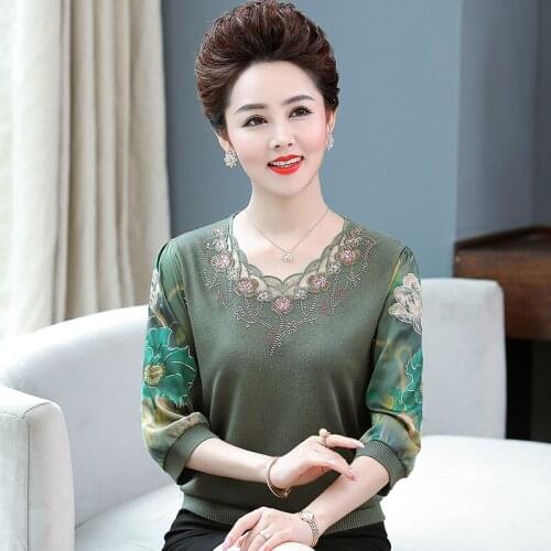 New Arrival Womens Spring Autumn Floral Printing Knit Sweater Female Middle Age Mother Embroidery Knitted Tops
