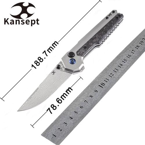 Kansept Knives EDC Tac K2009A3 Pocket Gentleman Knife 3.1in Damascus Blade Titanium and Shred CF Handle Tactical Camping Knife