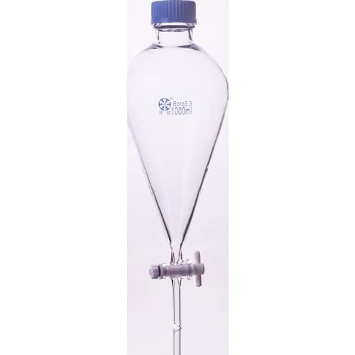 Separatory funnel pear shape,with Polypropylene threaded cap GL45mm and stopcock,Capacity 1000ml,PTFE switch valve