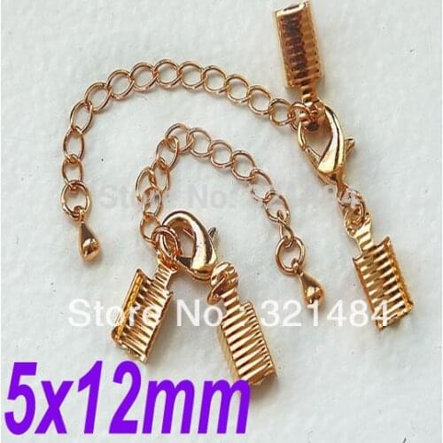 Gold Plated 200PCS 5x12mm Cord End Cap Clips with 12mm Lobster Claw Clasp and Extend Chain Set For Necklaces
