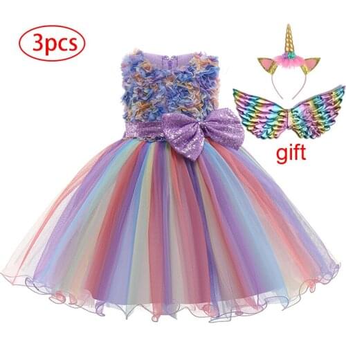 Christmas Unicorn Party Dress For Girls Colorful Dress Carnival Costume Princess Dresses Flower Girl Wedding Dresses 3-10 Years