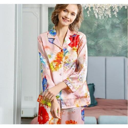 Falaishuka Silk Pajamas Womens Spring and Autumn Suit Silk Pajamas Silk Homewear Long Sleeve T8219