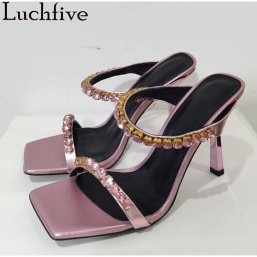 Pink Rhinestone Mules Women Slippers Square Toe Thin Heel Women Sandals Sexy Party Casual Slides Ladies Shoes For Women Summer