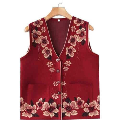 Fall Middle-aged Elderly Womens V-neck Knitted Cardigan Fashion Sweater Vest Single-breasted Warm Jacket Vintage clothes Casual