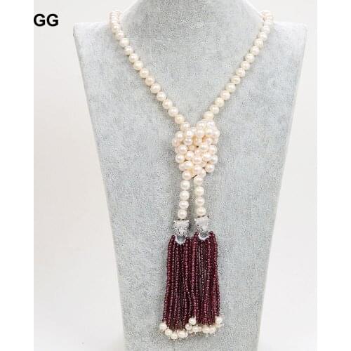 GuaiGuai Jewelry 41'' 8mm Natural White Pearl Natural Garnet Pendant Necklace