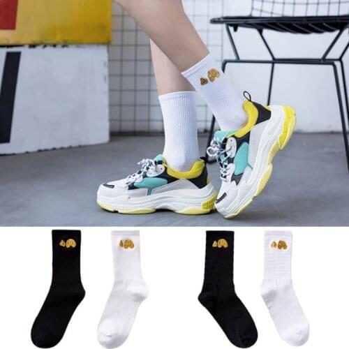 Funny Cartoon Beheaded Bear Women Socks Plain Cotton Mid Socks White Blue Black Embroidered New Happy Fashion Lady Sports Socks