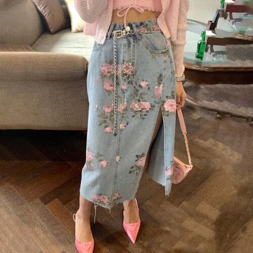 2021 New Women Summer Long Floral Denim Skirt High Waist Chain Waistbelt Split Hem A-line Cotton Skirts
