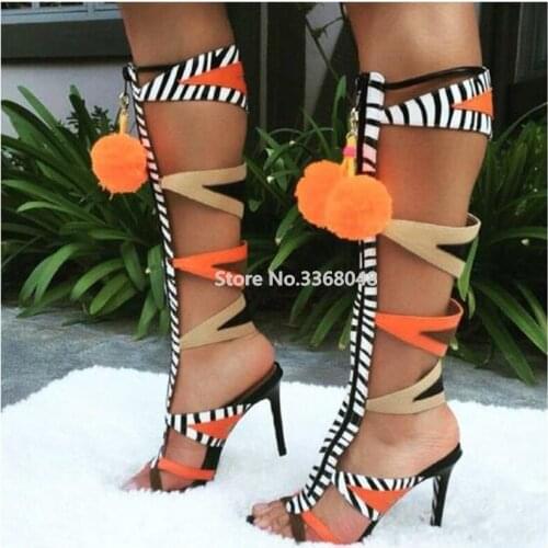 Black White Strips Mixed Colors High Heels Peep Toe Sandal Boots Cute Pom-pom Fashion Front Zip Hollow Out Woman Summer Boots